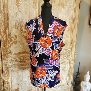 Jones Studio Black with Orange Floral print sleeveless top XL